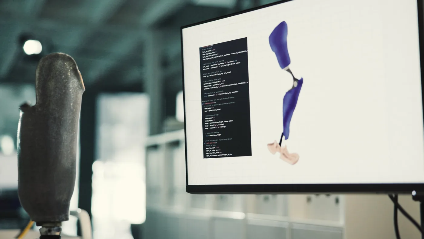 Prótesis junto a su modelo digital en una pantalla de diseño
